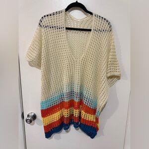 Cream Ivory Crochet swimsuit cover-up with a rainbow-striped